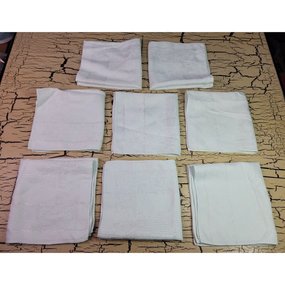 8 VTG Linen Napkin Set Damask Floral Light Green Silver Shabby Chic Retro Summer